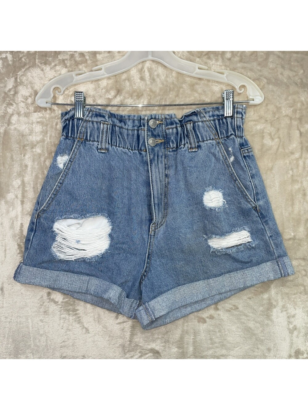 Forever 21 Womens Paperbag Denim Shorts Distressed High Rise Cuffed Jean Sz M
